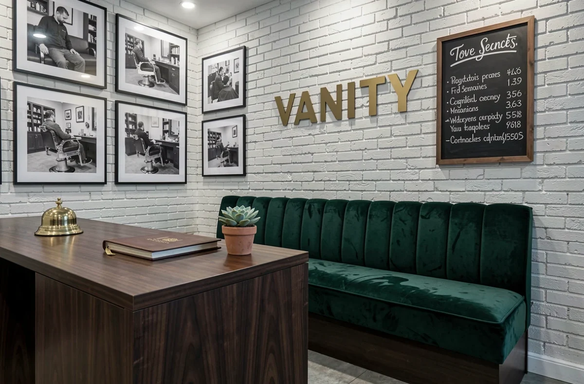 Espace d'accueil élégant du salon VANITY Barber Shop à Lille avec mobilier en noyer, velours vert et logo doré