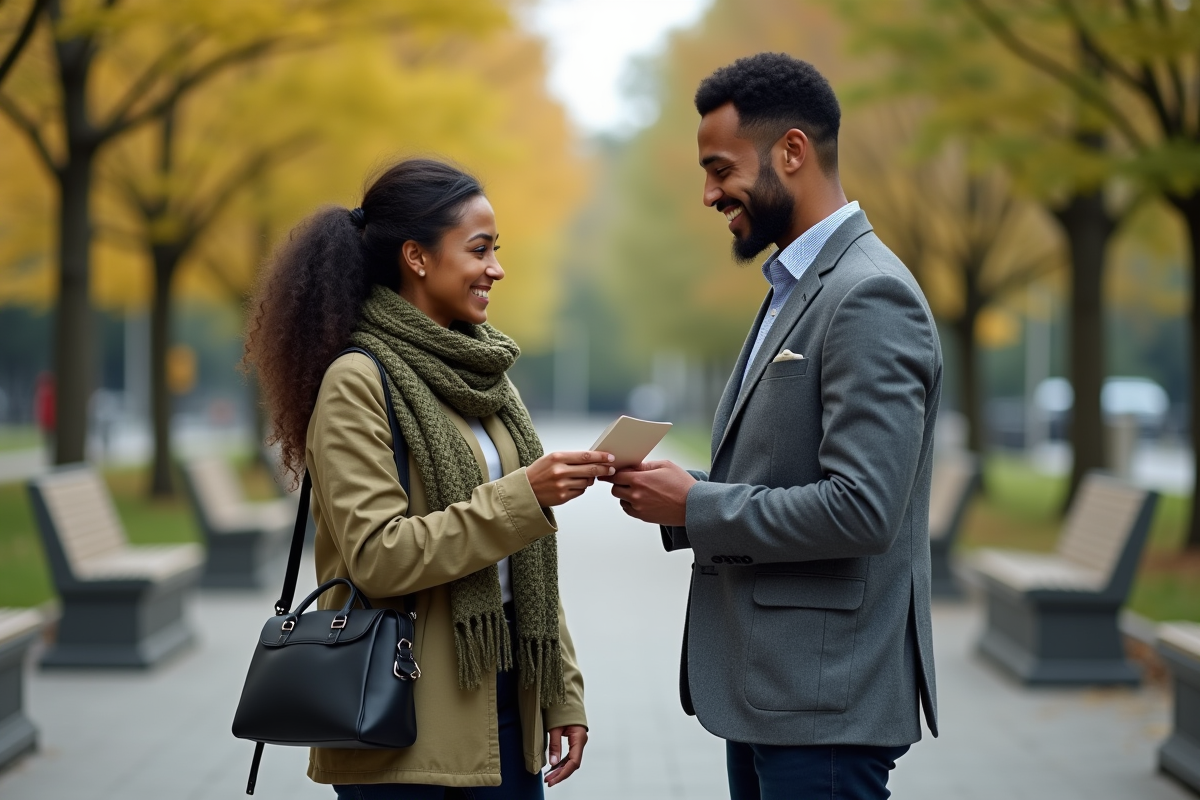 Deux amis dans un parc urbain échangeant une note