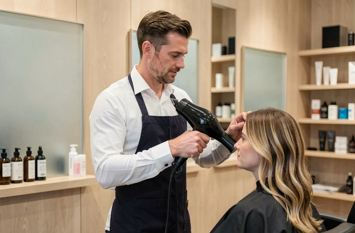 Anthony M. Coiffure à Marcq-en-Baroeul avec un coiffeur professionnel soignant la mise en forme des cheveux d'une cliente