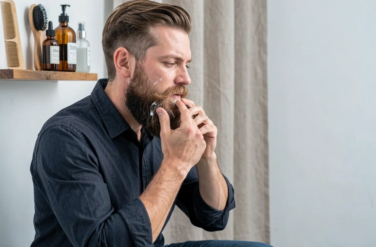 Homme appliquant du baume à barbe sur une barbe longue bien entretenue dans un espace de soin à domicile