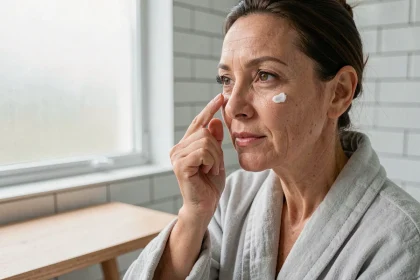 Femme appliquant une crème Filorga avec soin sur la peau du visage devant un miroir de salle de bain
