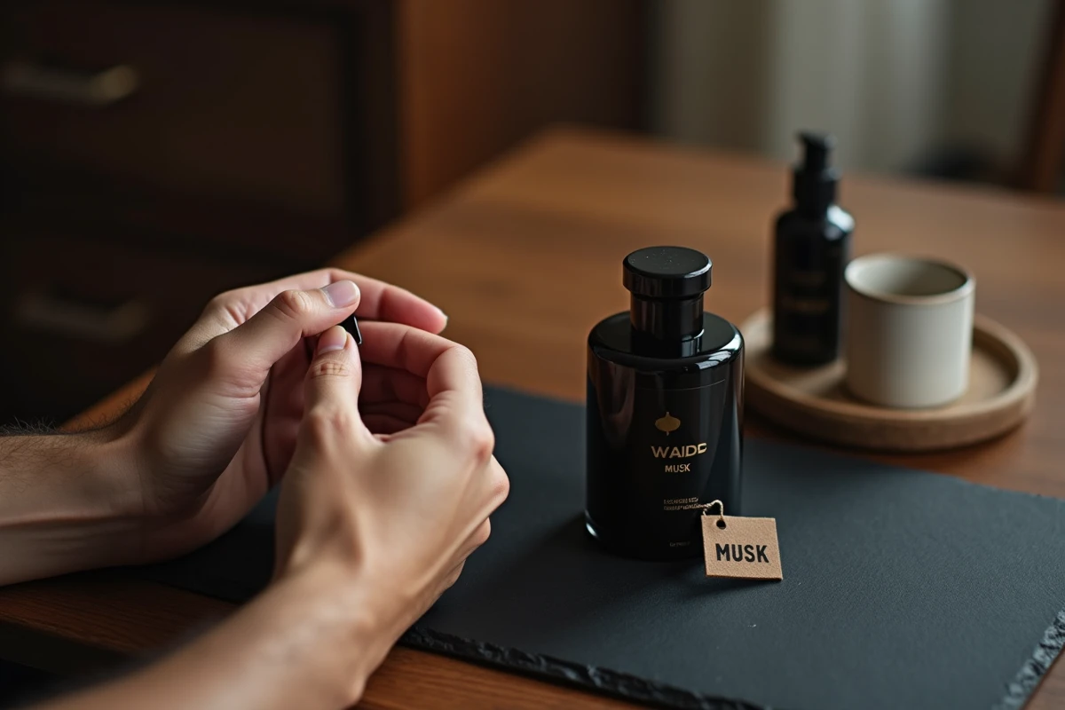 Gros plan d'un homme appliquant un parfum musc sur son poignet avec un flacon élégant posé sur une ardoise