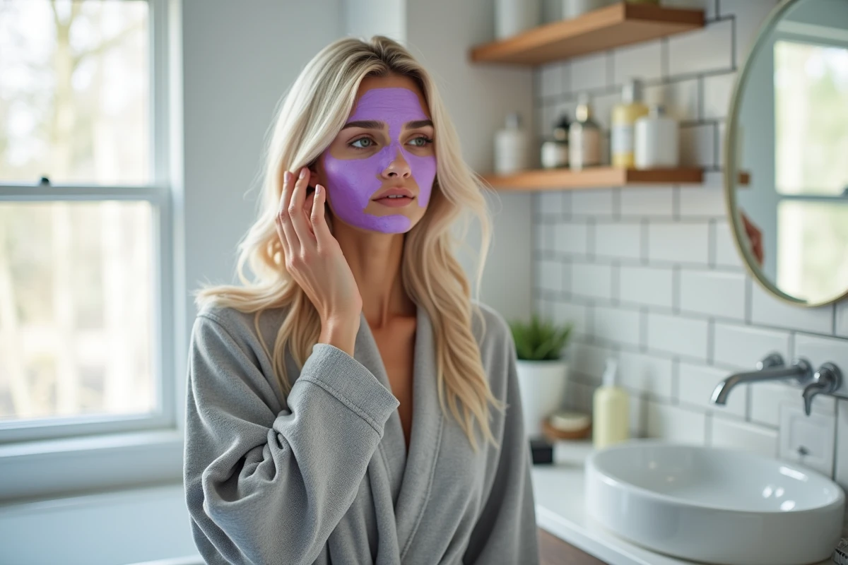 Femme appliquant une patine violette sur cheveux blond froid à la maison dans une salle de bain, routine entretien couleur cendrée