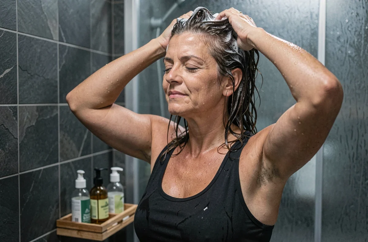 Femme appliquant un shampoing sans paraben dans une douche moderne avec produits capillaires naturels