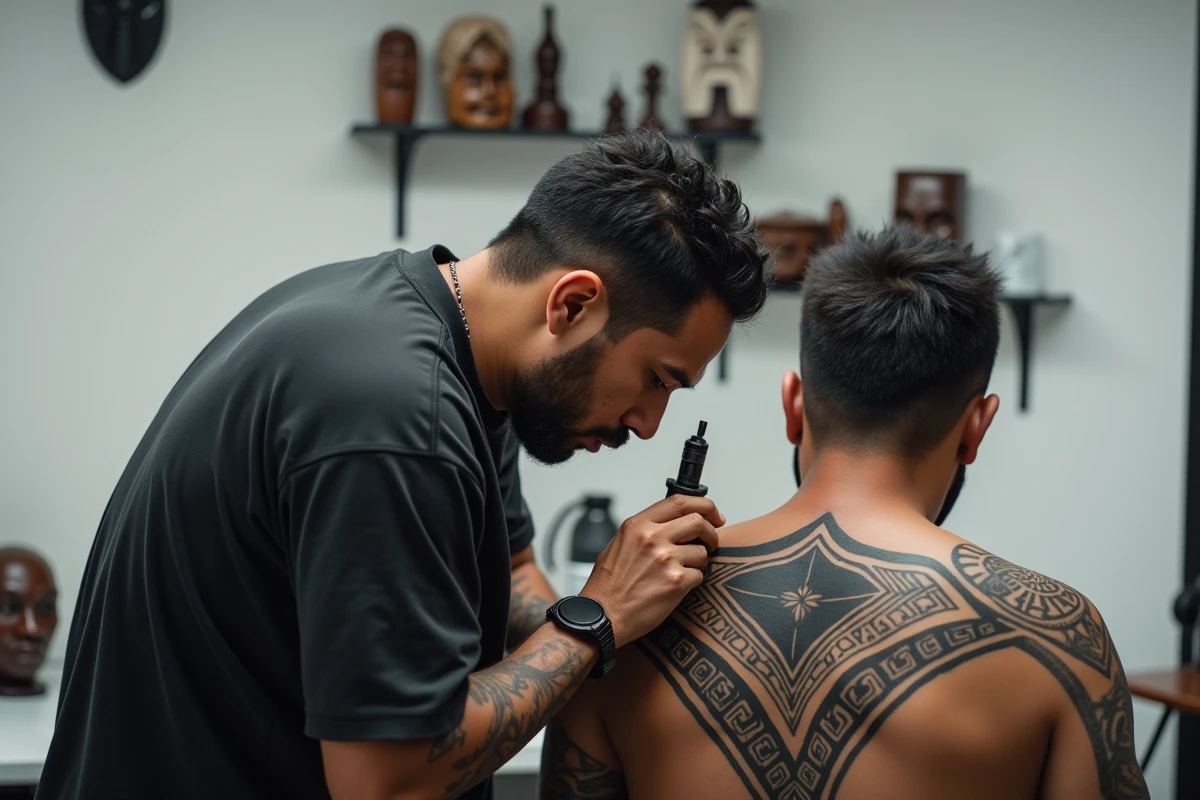 Artiste tatoueur d'origine insulaire du Pacifique réalisant un grand tatouage tribal samoan sur le dos d'un client dans un studio contemporain épuré