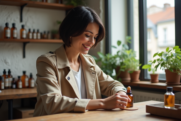 Femme en trench blending huiles dans un atelier parfum parisien