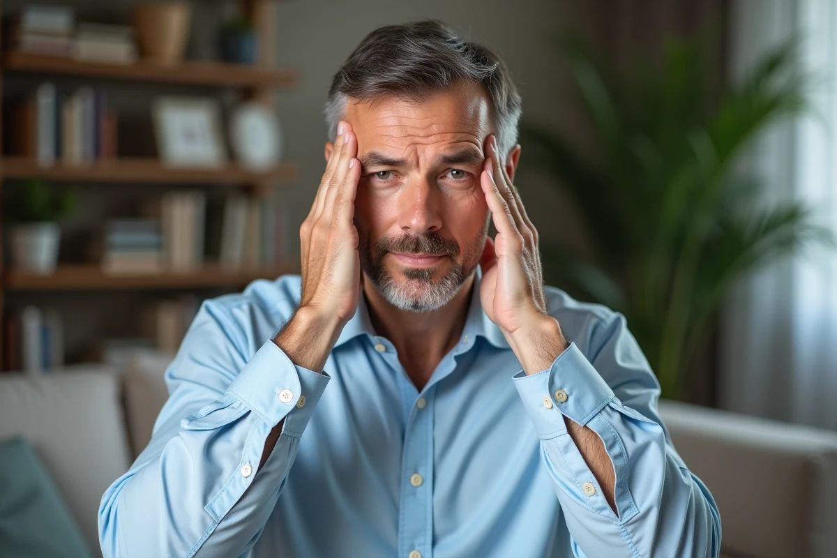Homme se massant les yeux dans un salon cosy