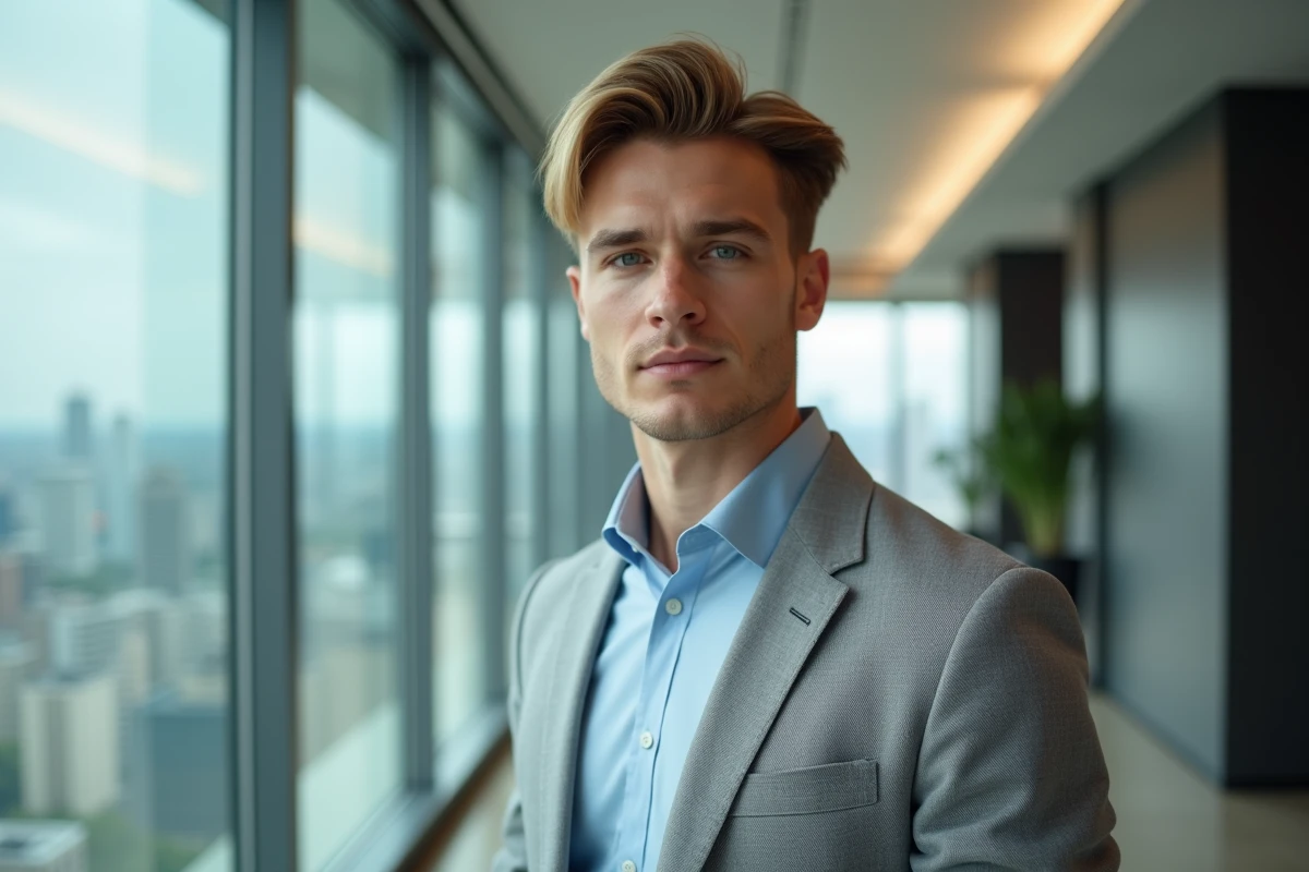 Jeune professionnel avec balayage blond et blazer gris dans un couloir de bureau avec vue sur la ville
