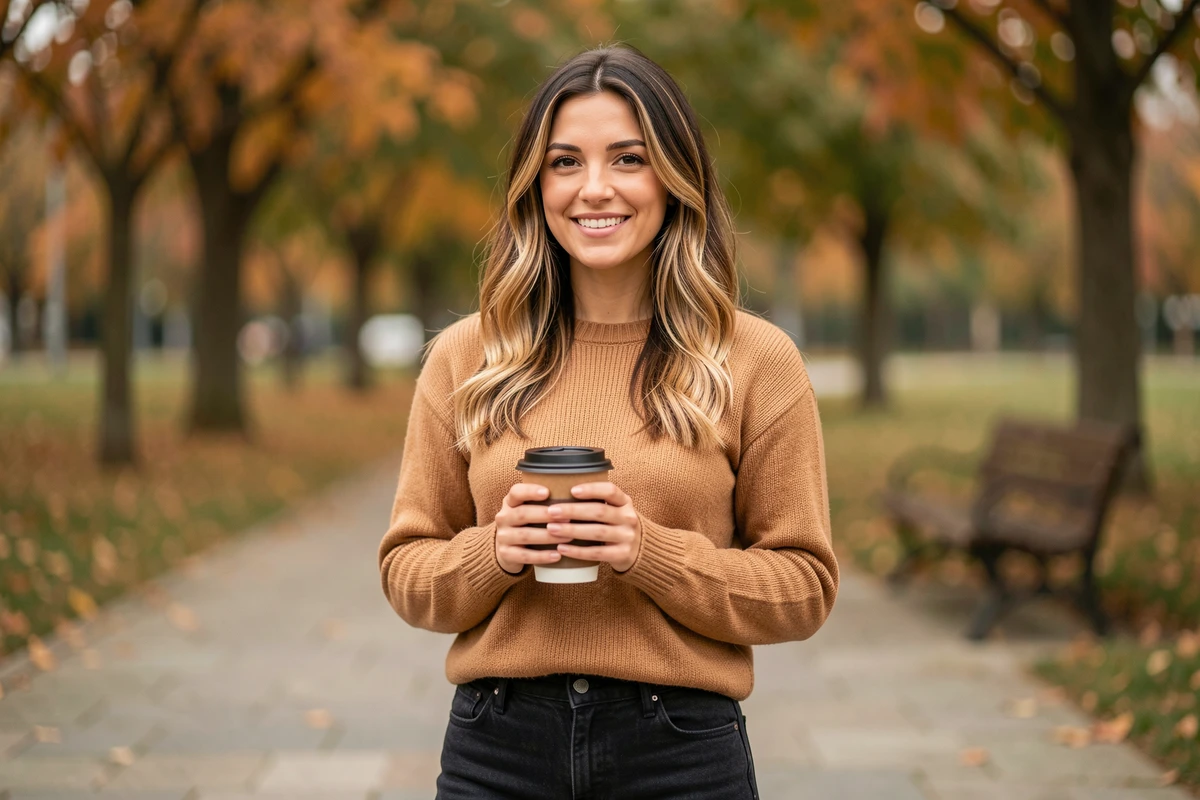 Femme brune souriante en extérieur avec des mèches blondes et brunes harmonieusement fondues, sans effet rayures visible, dans un décor de parc automnal