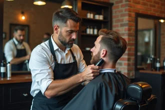 Barbier professionnel réalisant une coupe nette sur la nuque d'un client dans un salon de coiffure artisanal