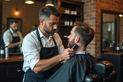 Barbier professionnel réalisant une coupe nette sur la nuque d'un client dans un salon de coiffure artisanal