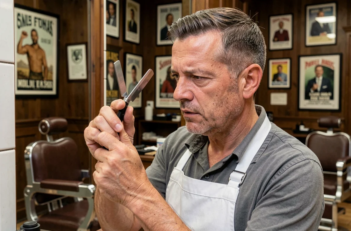 Barbier professionnel examinant attentivement la lame d'un coupe-chou à hauteur des yeux dans un salon de coiffure traditionnel pour évaluer son tranchant