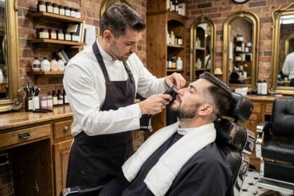 Barbier professionnel réalisant un dégradé précis sur un client dans un salon de coiffure vintage à Lille avec décor en brique apparente
