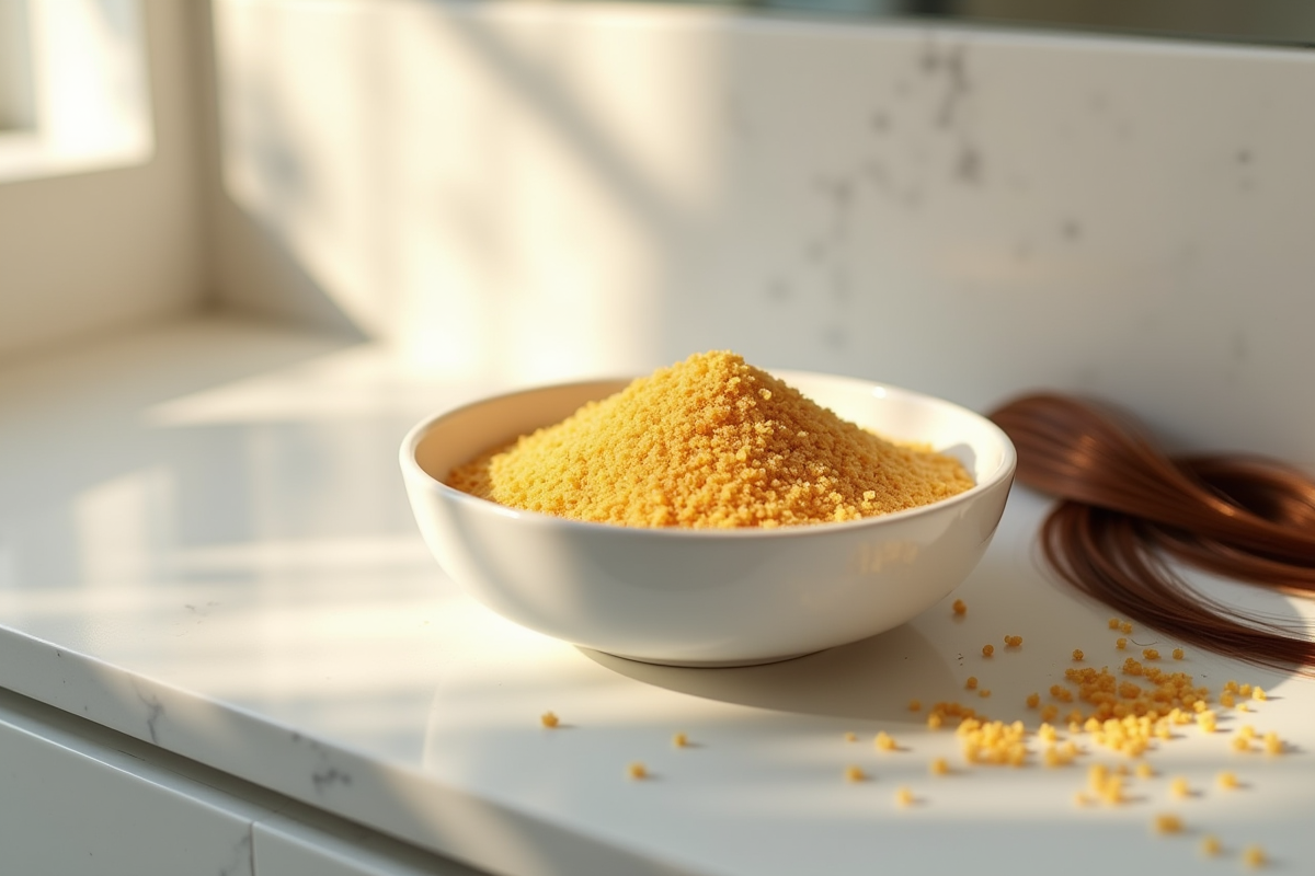 Bol de levure dorée avec cheveux bruns à côté en lumière naturelle