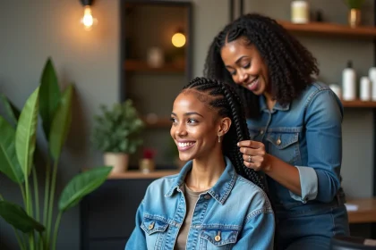 Jeune femme noire en salon coiffure avec box braids