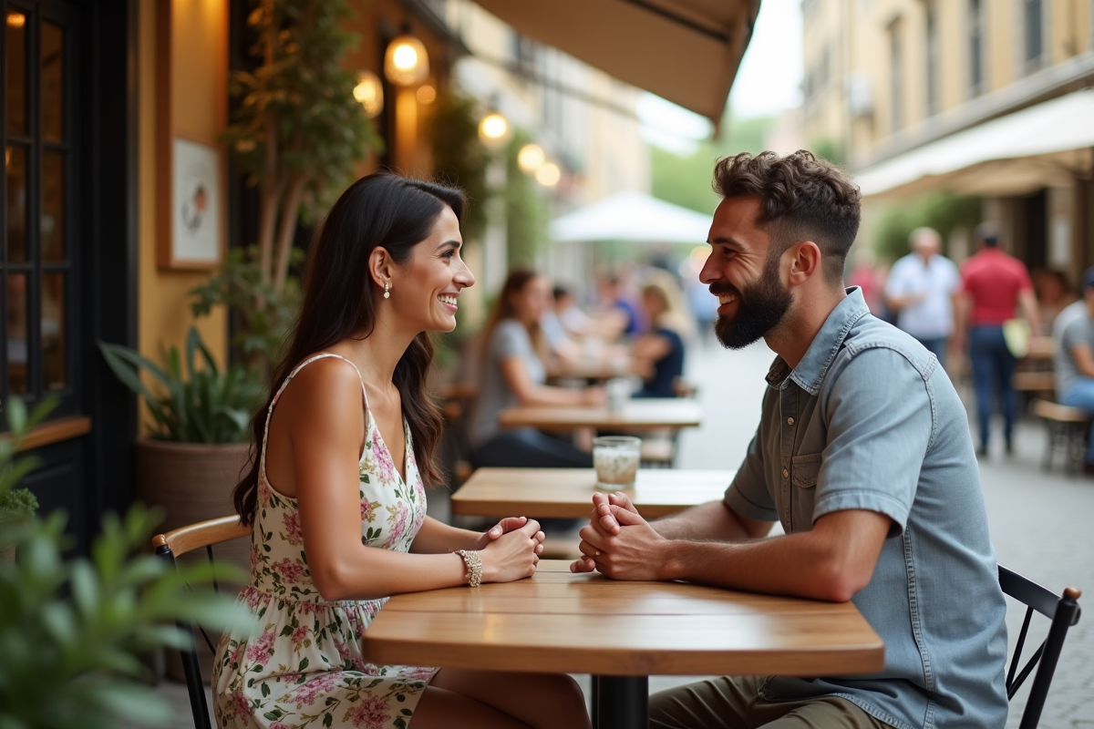 Homme et femme discutant dans un café en plein air