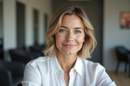 Femme avec un carré court effilé dégradé dans un salon de coiffure moderne, coupe nette et structurée