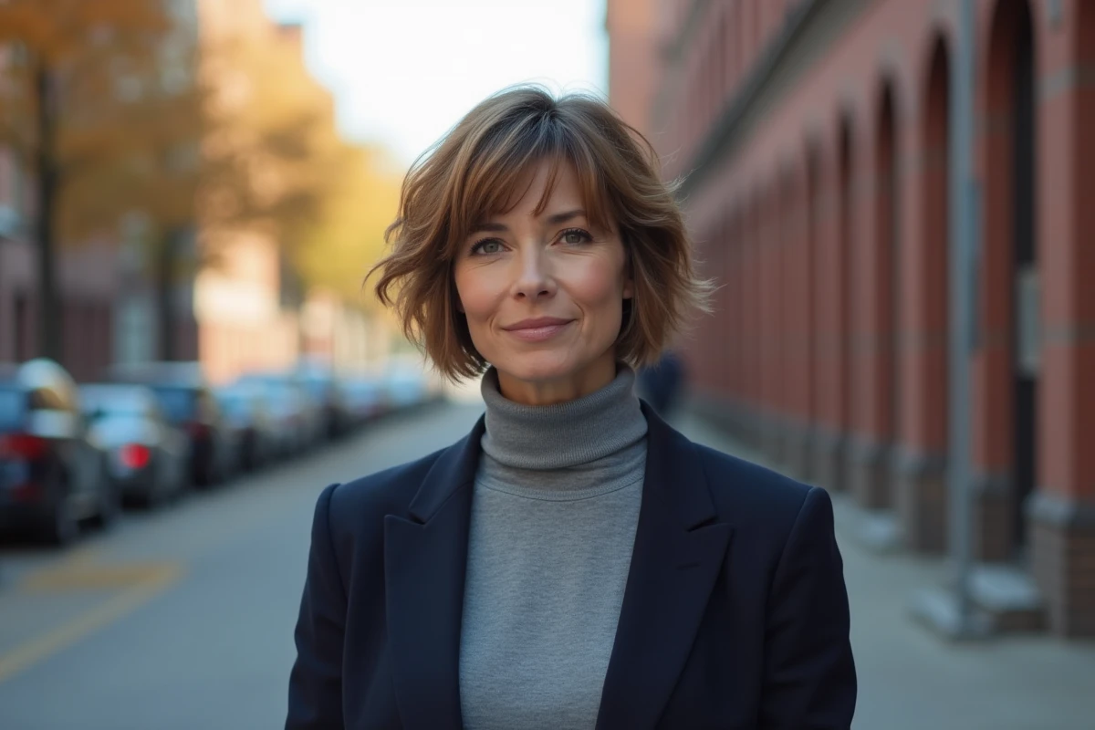 Femme d'une quarantaine d'années arborant un carré effilé dégradé court en extérieur urbain en automne