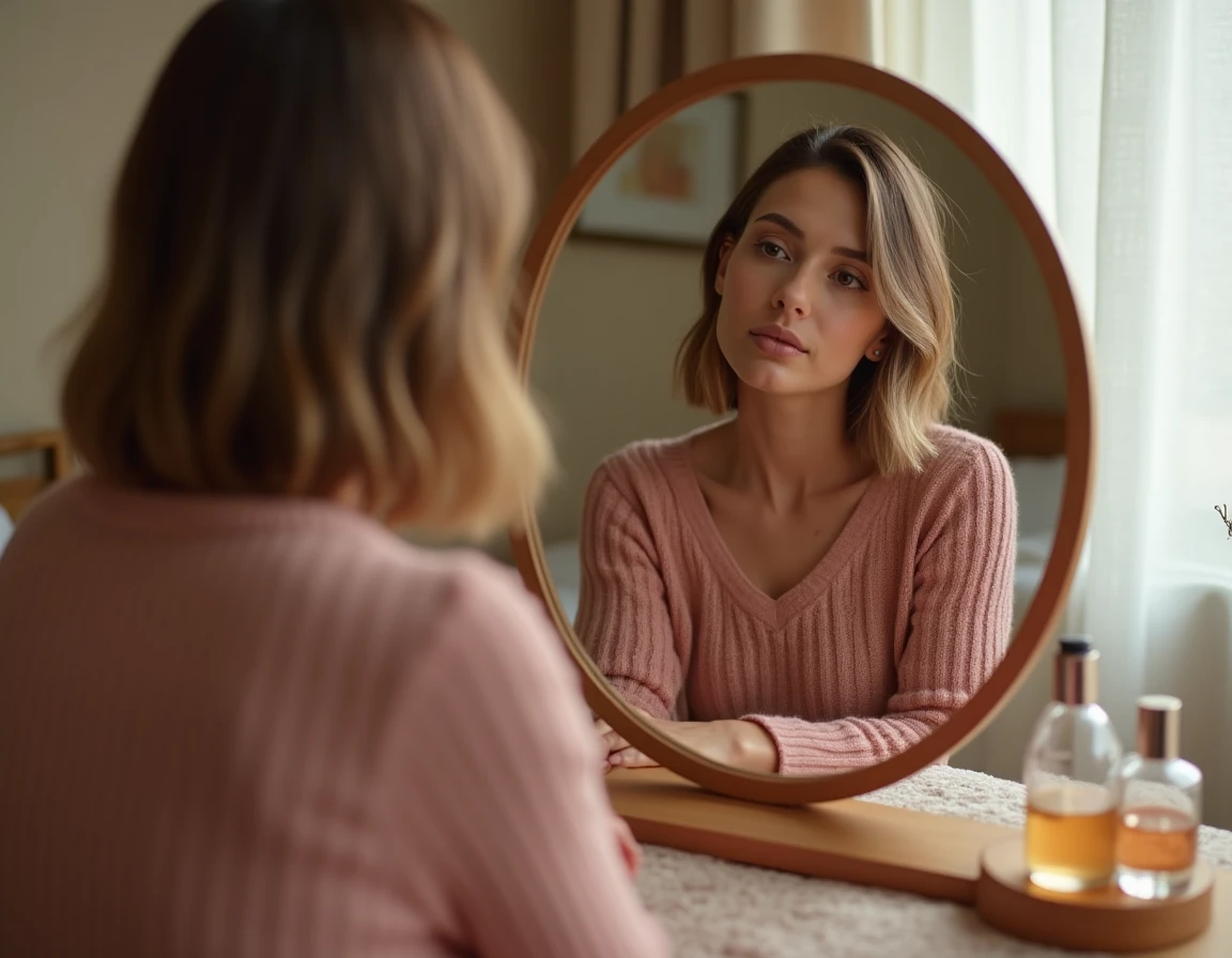Femme aux cheveux fins avec un carré plongeant asymétrique devant un miroir de coiffeuse dans une chambre chaleureuse