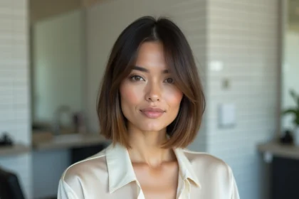Femme aux cheveux fins arborant un carré plongeant impeccable dans un salon de coiffure moderne