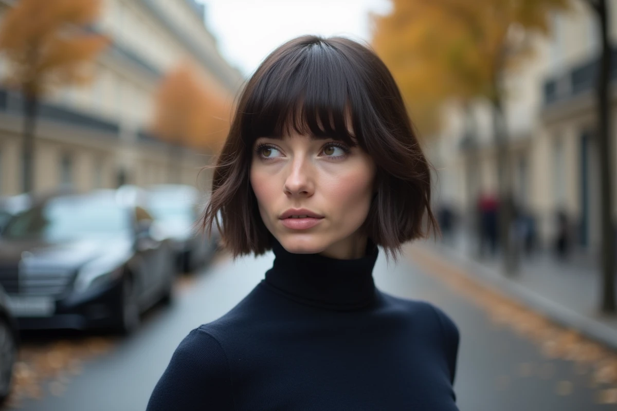 Carré plongeant destructuré court avec raie profonde affinant le visage rond en extérieur parisien automnal