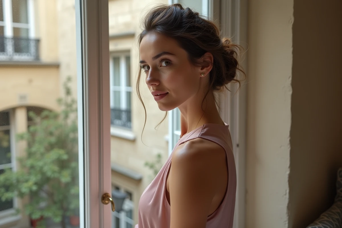 Femme avec un chignon français élégant pour cheveux fins près d'une fenêtre parisienne