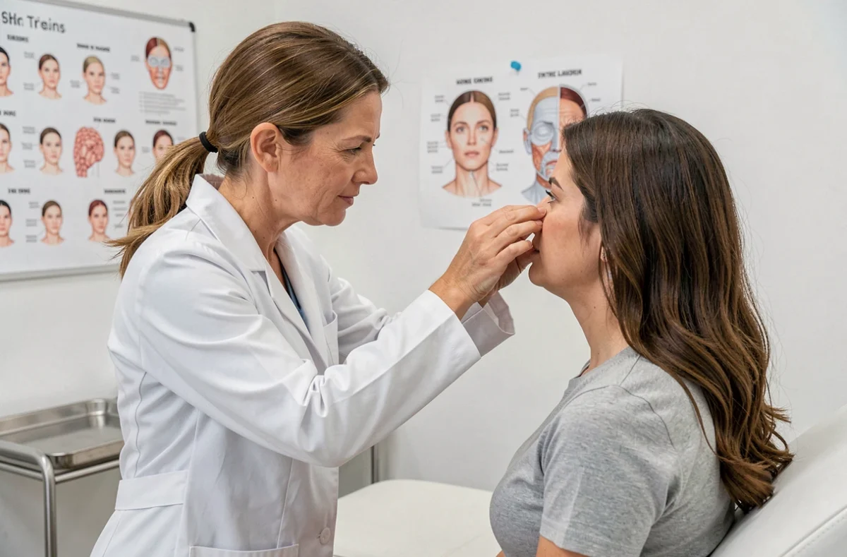 Chirurgienne esthétique examinant le nez d'une patiente pour différencier nez aquilin et nez romain avant rhinoplastie