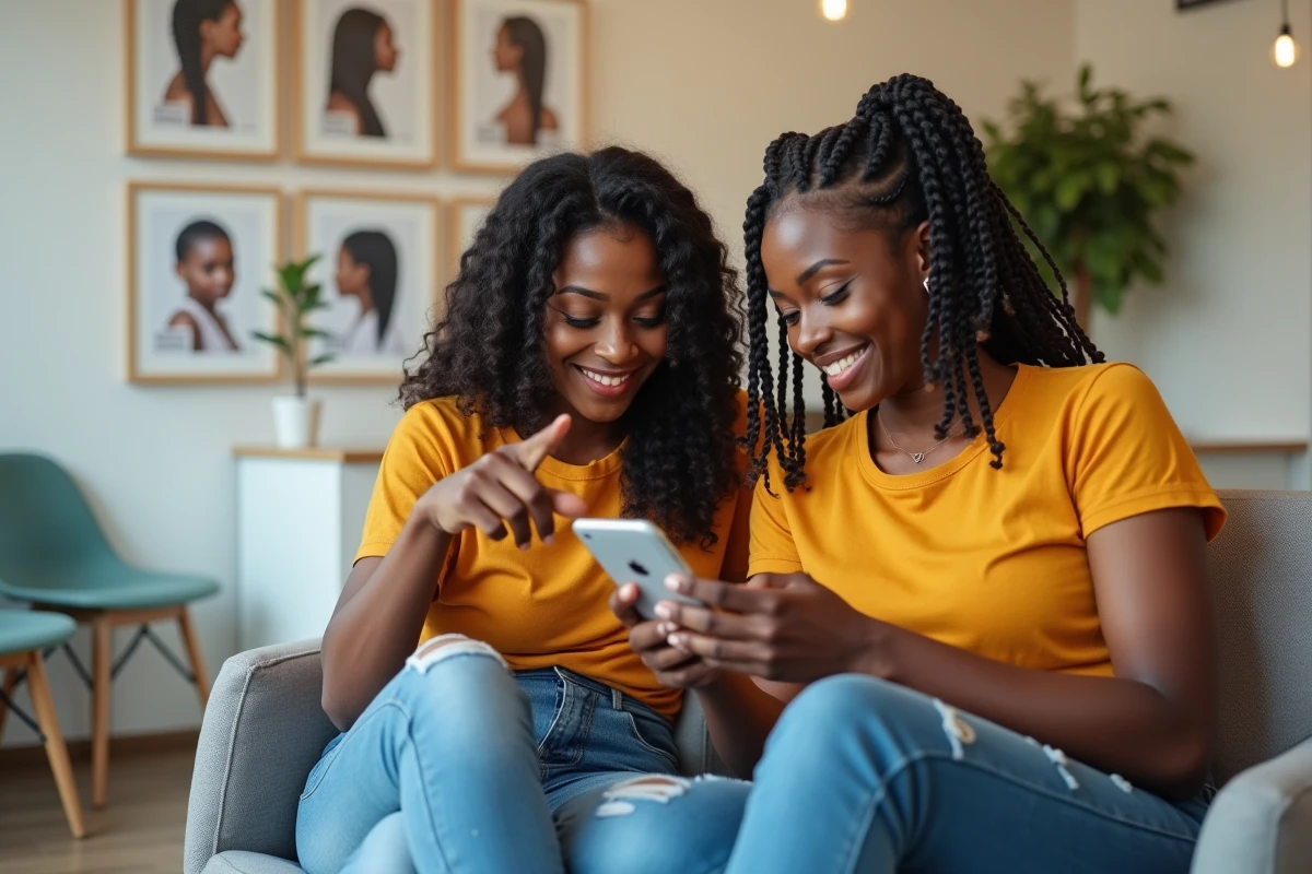 Deux femmes choisissant un modèle de tresse afro sur smartphone dans la salle d'attente d'un salon abordable