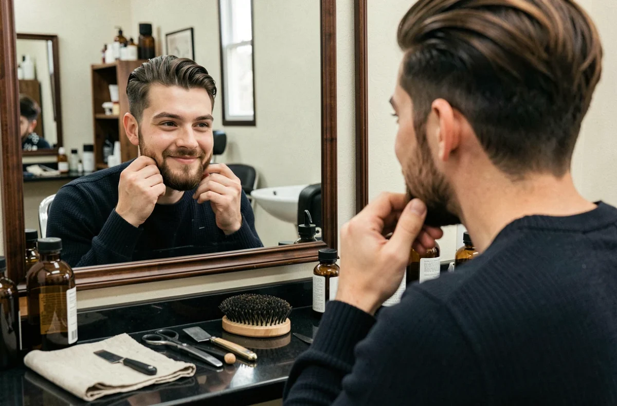 Jeune homme admirant sa barbe taillée et sa coupe de cheveux dans le miroir d'un barbershop moderne à Lille