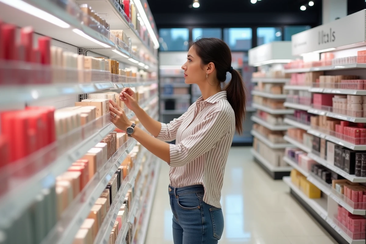 Femme explorant les rayons produits de beauté dans un Ulta Beauty américain