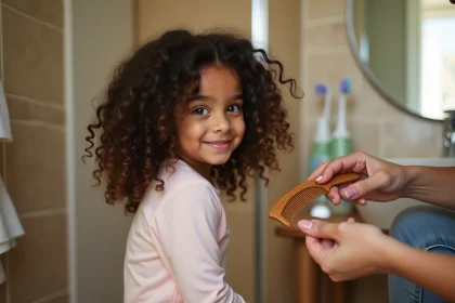 Petite fille aux cheveux bouclés assise dans la salle de bain pendant que sa maman démêle ses boucles avec un peigne à dents larges