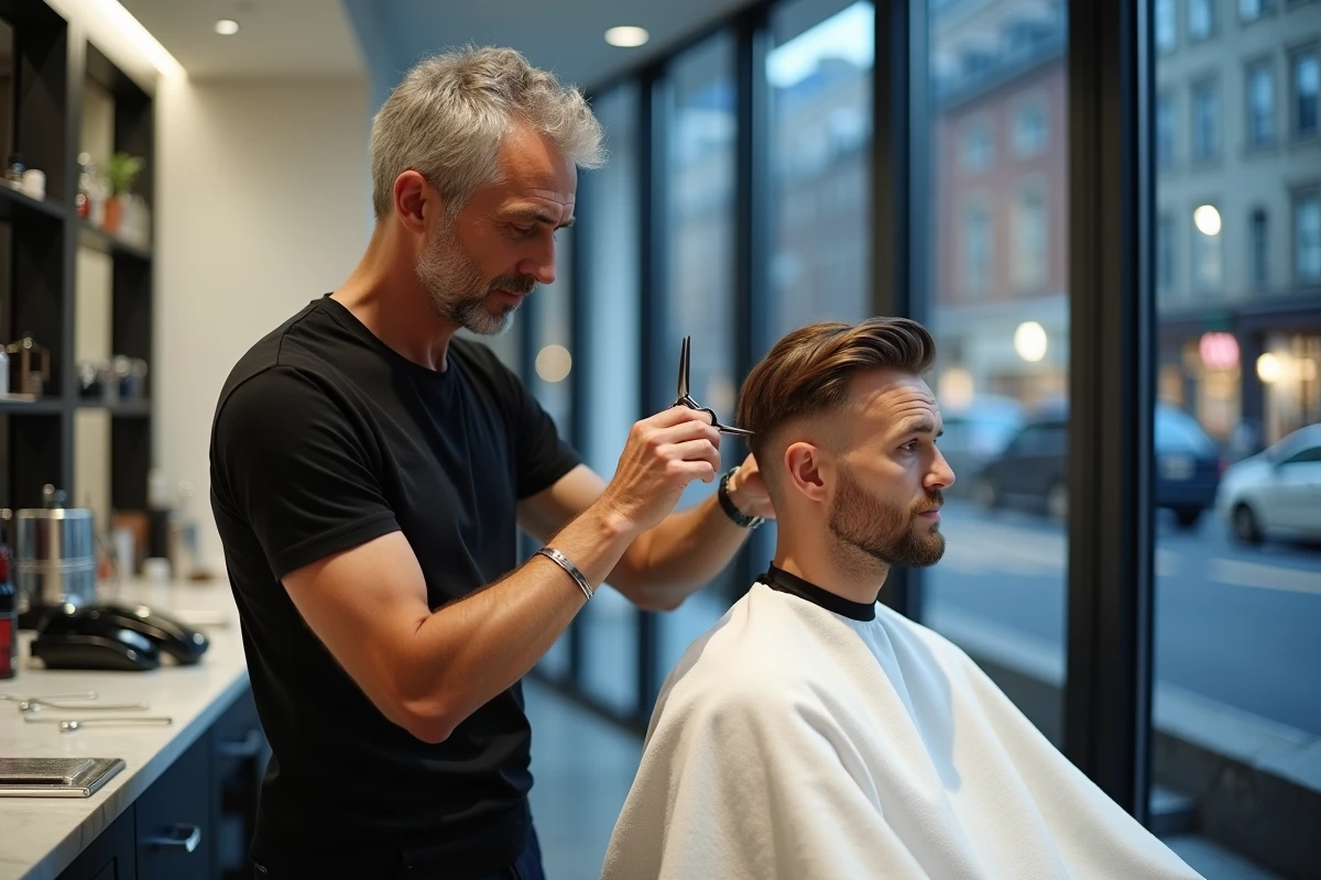 Coiffeur expérimenté affinant une coupe courte avec des ciseaux professionnels dans un salon urbain moderne