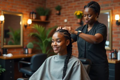 Jeune femme noire se faisant tresser des box braids afro dans un salon de coiffure abordable