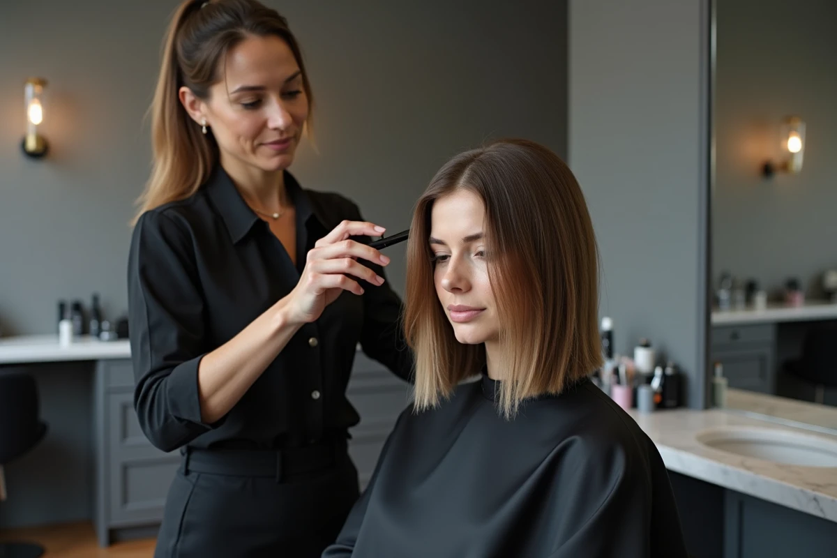 Coiffeuse professionnelle réalisant un carré dégradé sur cheveux fins pour un visage rond dans un salon de coiffure contemporain