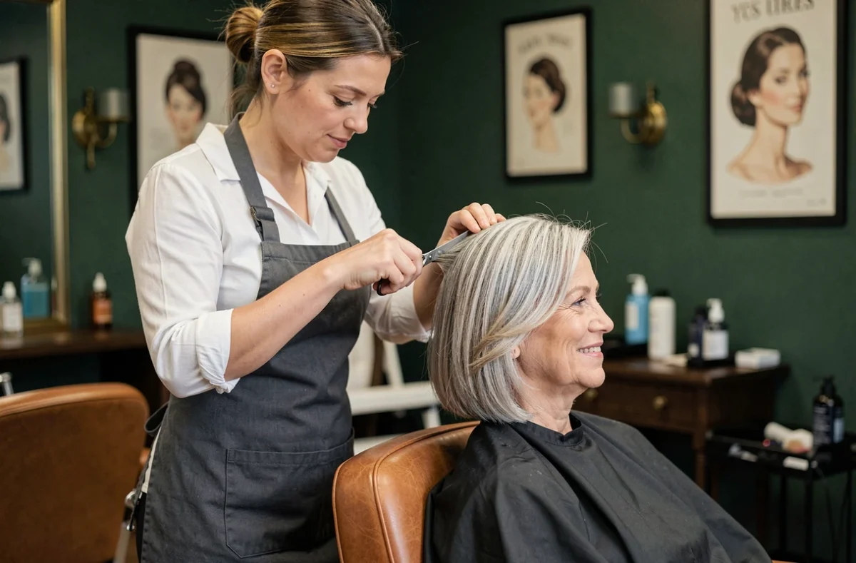 Coiffeuse experte réalisant une coupe lob rajeunissante sur une cliente aux cheveux grisonnants