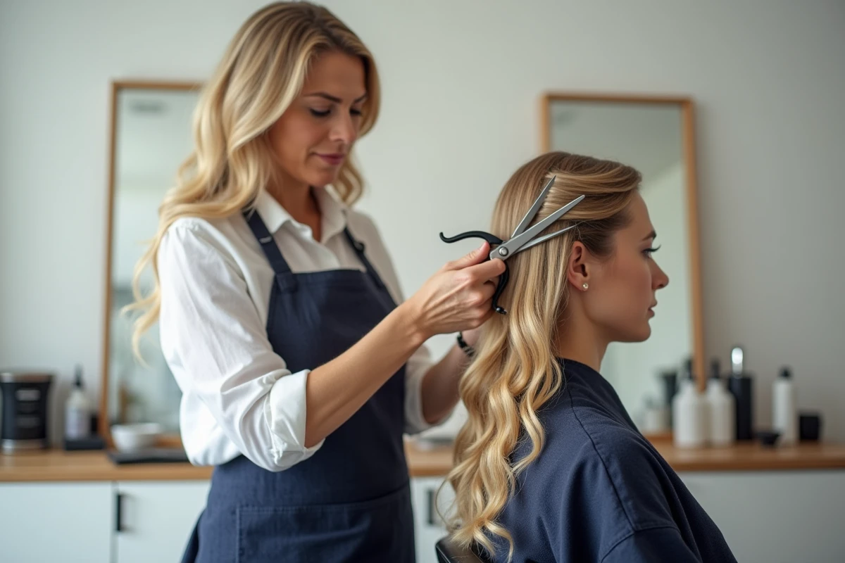 Coiffeuse professionnelle réalisant une coupe en V sur les cheveux longs et ondulés d'une cliente en salon