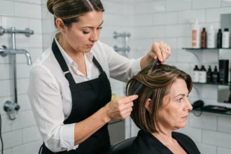 Coiffeuse professionnelle réalisant une mise en forme mini vague sur cheveux fins courts en salon
