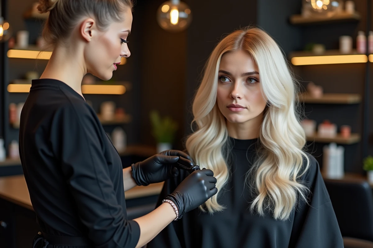 Coiffeuse professionnelle appliquant un soin réparateur sur des cheveux abîmés par la décoloration dans un salon de coiffure moderne