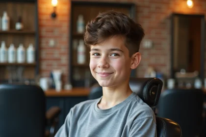 Adolescent de 14 ans aux cheveux épais brun foncé avec une coupe texturée dégradée courte dans un salon de coiffure moderne