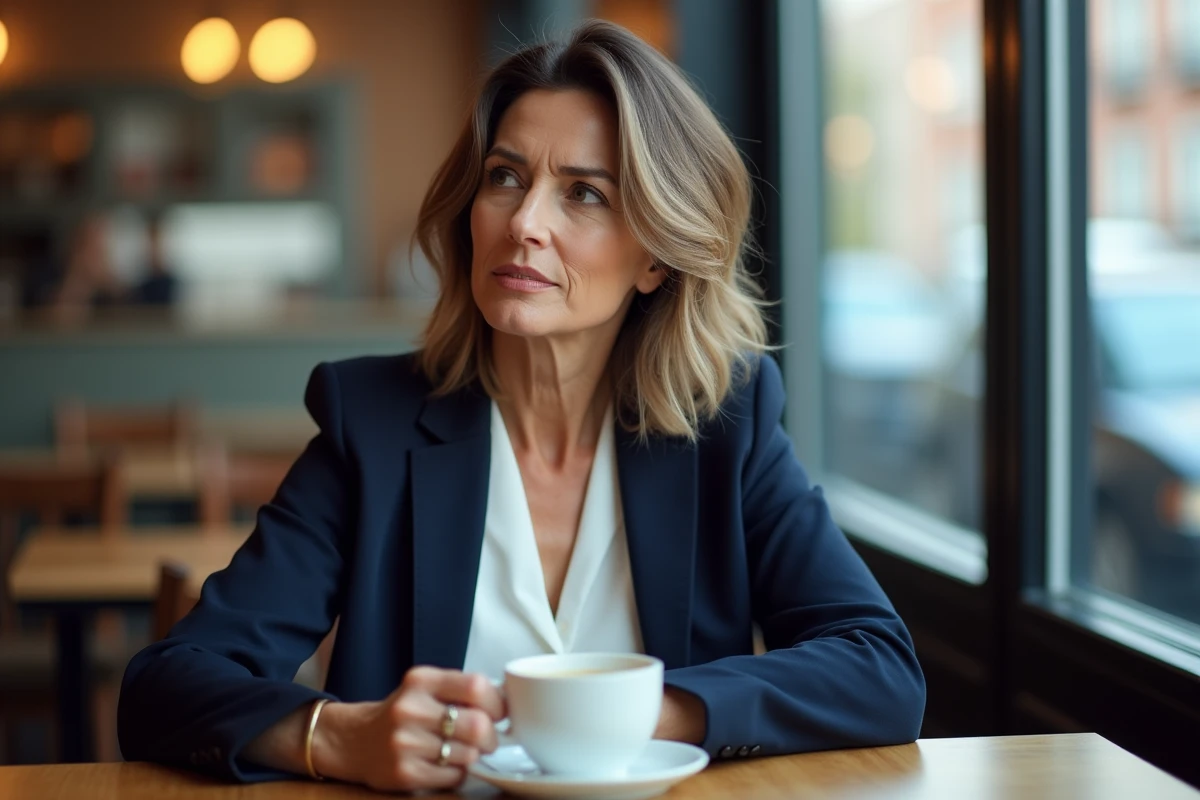 Femme d'âge mûr avec une coiffure ondulée volumineuse pour cheveux fins dans un café urbain