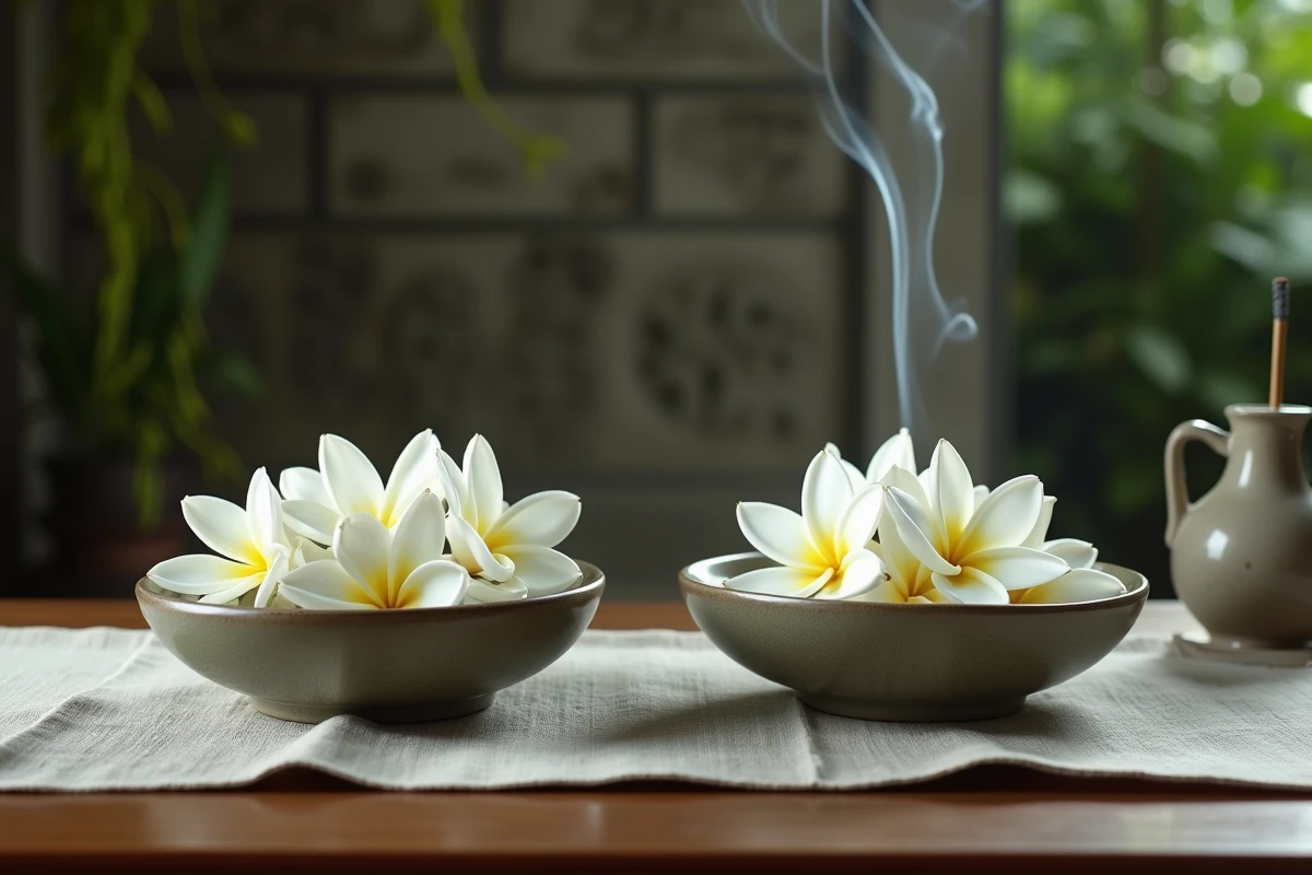 Deux bols en céramique côte à côte présentant du jasmin de Bali authentique aux pétales naturels et une version artificielle en tissu synthétique, dans un intérieur traditionnel balinais