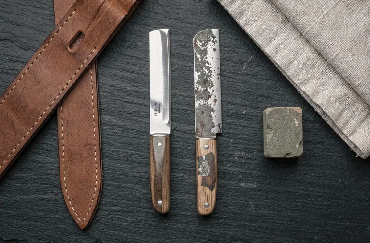 Vue de dessus comparant deux lames de coupe-chou côte à côte, l'une affûtée et brillante, l'autre émoussée avec corrosion, accompagnées d'une pierre à affûter et d'un cuir à rasoir