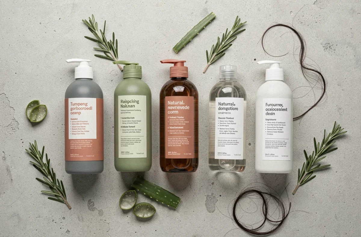 Comparaison de shampoings naturels sans sulfate sans silicone disposés en flat lay sur fond béton avec ingrédients botaniques