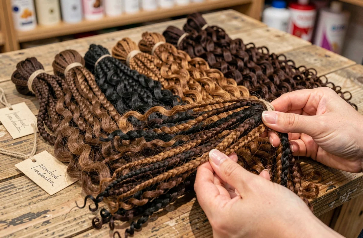 Différentes mèches afro bohèmes texturées comparées sur un comptoir en bois dans un magasin de coiffure
