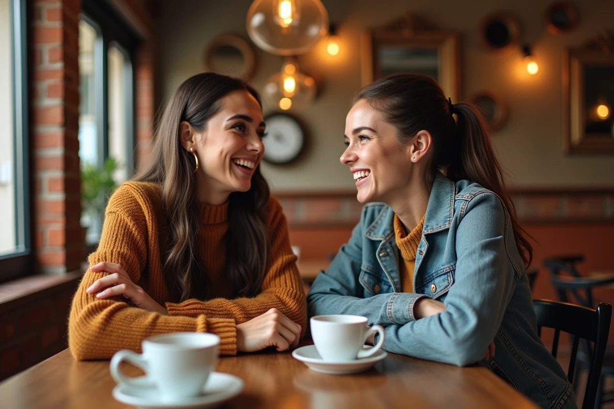 Deux femmes aux yeux hazel de teintes différentes, l'une claire et l'autre foncée, riant ensemble dans un café aux tons chaleureux
