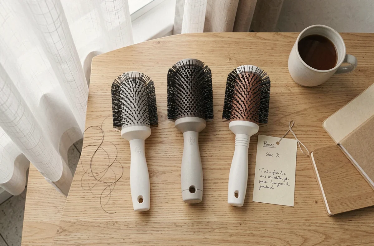 Comparatif de trois brosses soufflantes pour cheveux fins posées sur une table en bois
