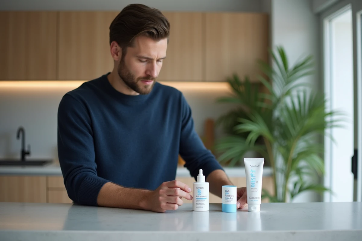 Homme comparant deux kits de blanchiment dentaire sur un plan de travail de cuisine contemporaine
