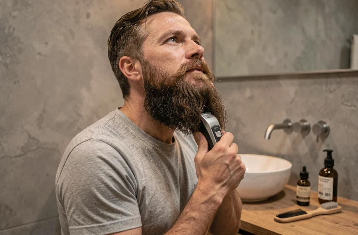 Homme utilisant une tondeuse professionnelle pour définir le contour de sa barbe longue à la maison