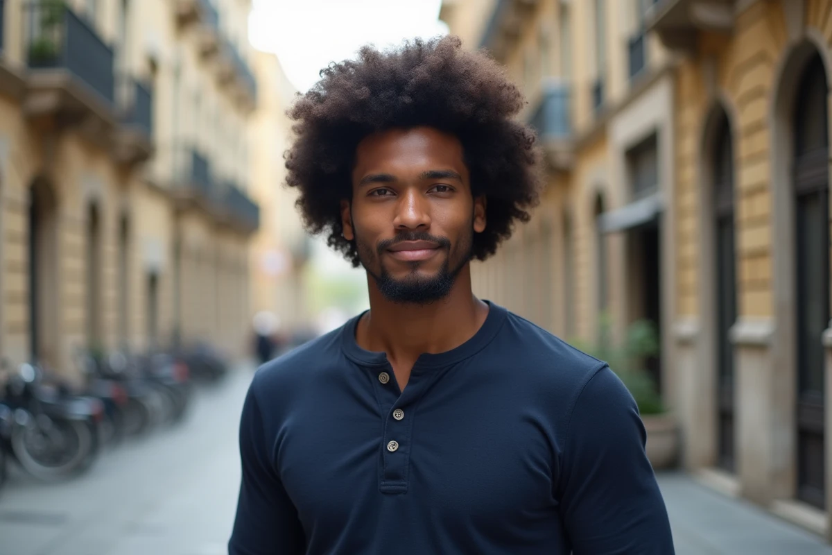 Homme méditerranéen aux boucles serrées avec une coupe afro arrondie dans une rue de ville