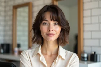 Femme aux cheveux fins avec une coupe carré dégradé mettant en valeur un visage ovale, assise dans un salon de coiffure moderne